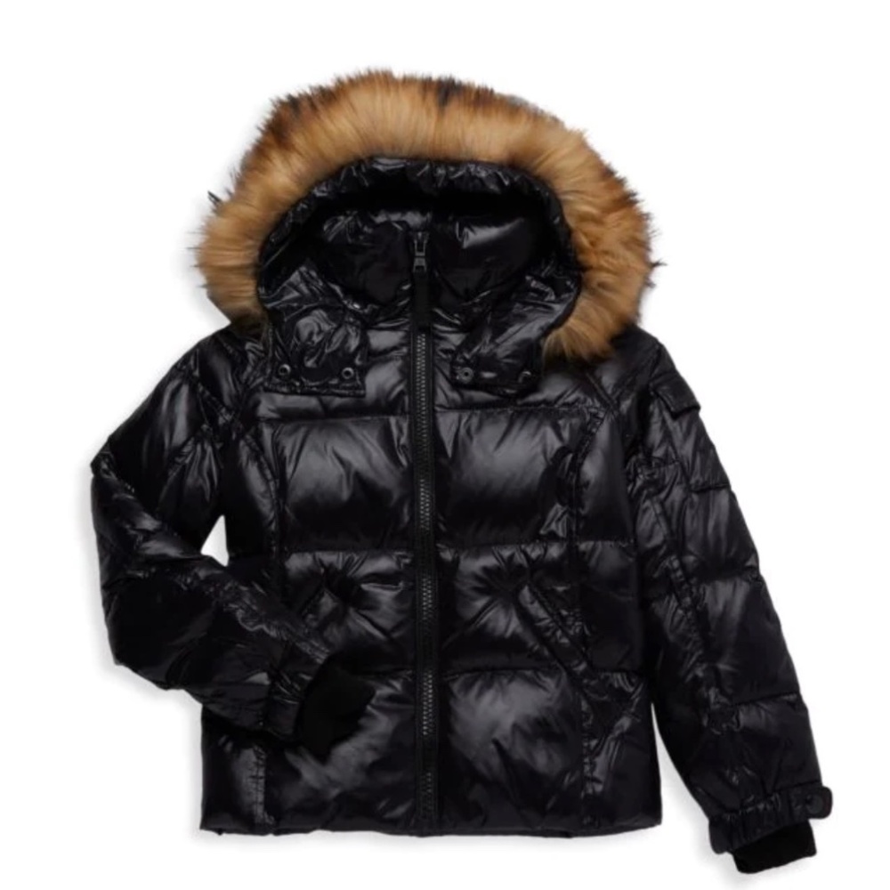Children's Black Puffer Coat with Faux Fur Trim